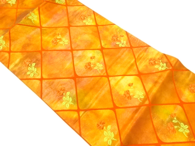 JAPANESE KIMONO / VINTAGE HIRAKI NAGOYA OBI / WOVEN DIAGONAL GRID & FLOWER